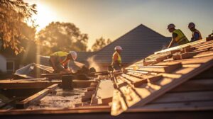Homeowners review roof financing papers at a kitchen table beside a calculator and house documents.