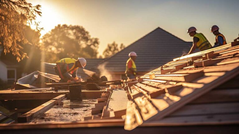 Homeowners review roof financing papers at a kitchen table beside a calculator and house documents.